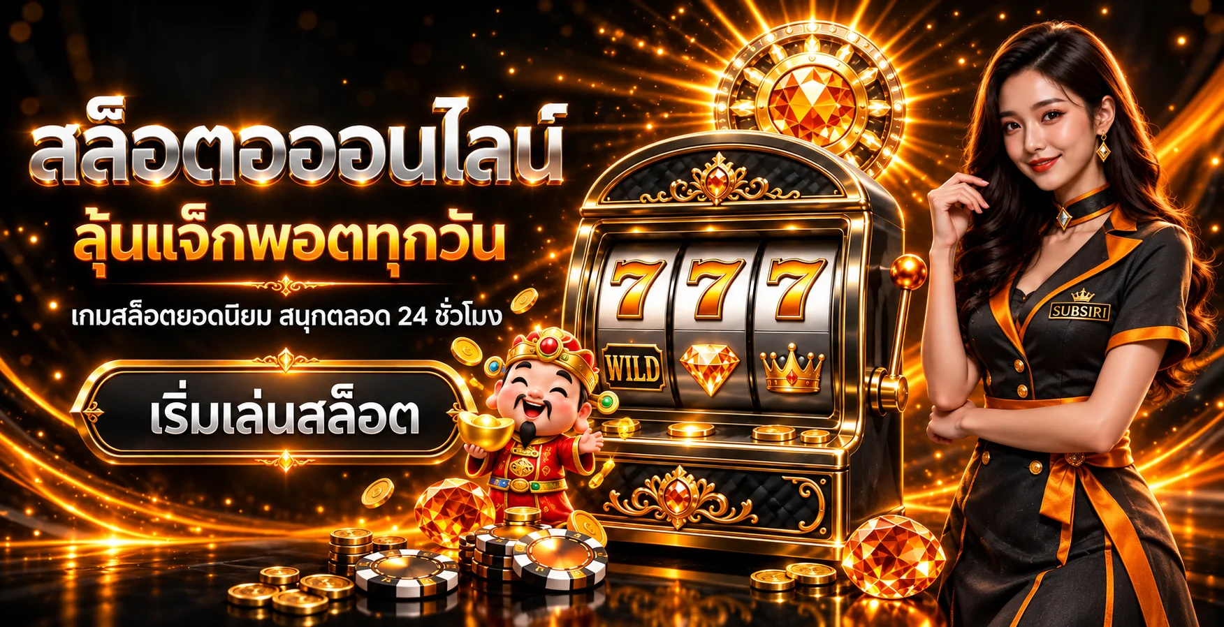 แบนเนอร์สล็อตออนไลน์ SUBSIRI พร้อมเครื่องเกมและมาสคอต